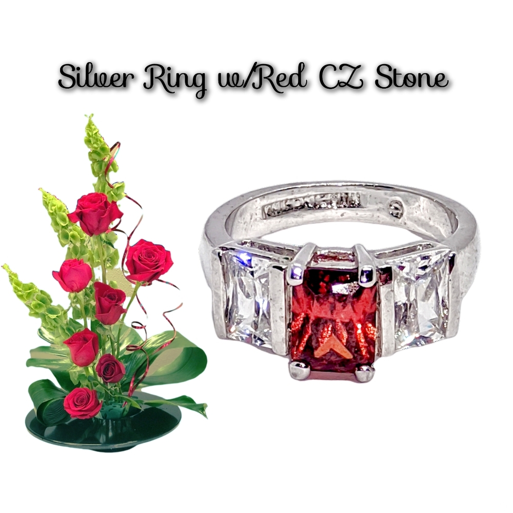 Silver Ring w/Red CZ Stone. Size 7 NWOT